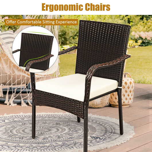 Set of 4 Patio Rattan Stackable Dining Chair with Cushioned Armrest for Garden - Color: Light Brown - Image 3