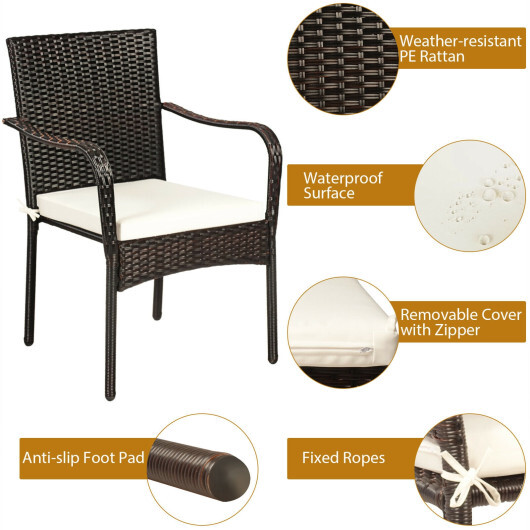 Set of 4 Patio Rattan Stackable Dining Chair with Cushioned Armrest for Garden - Color: Light Brown - Image 5
