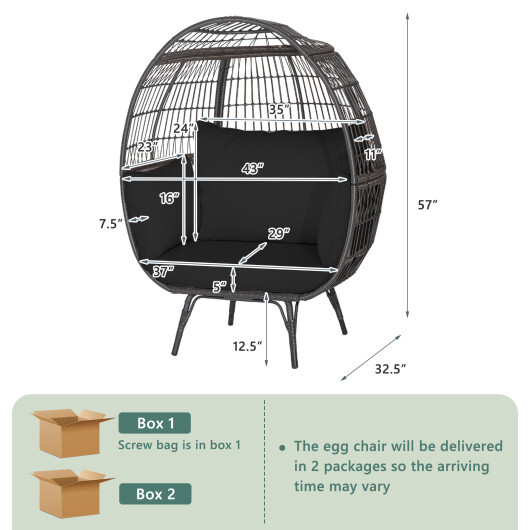 Oversized Indoor Wicker Egg Chair with Sturdy Metal Frame for Patio-Black - Color: Black - Image 4