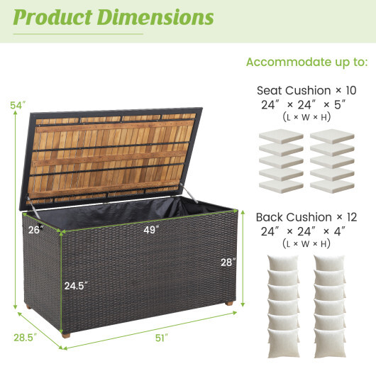 134 Gallon Rattan Storage Box with Zippered Liner and Solid Acacia Wood Top - Color: Brown - Image 5