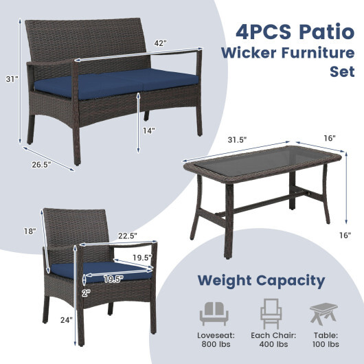 4 Pieces Outdoor Rattan Conversation Set with Tempered Glass Coffee Table-Navy - Color: Navy - Image 3