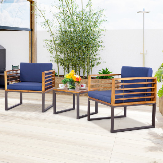 3 Pieces Patio Acacia Wood Conversation Set with Cushioned Armchairs-Navy - Color: Navy - Image 3