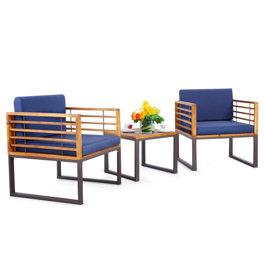 3 Pieces Patio Acacia Wood Conversation Set with Cushioned Armchairs-Navy - Color: Navy - Image 4