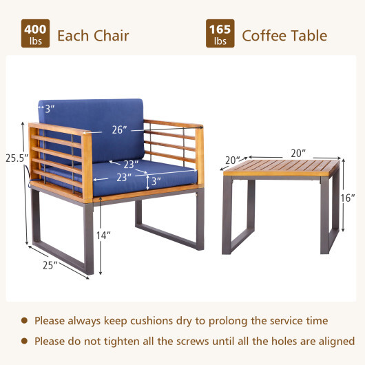 3 Pieces Patio Acacia Wood Conversation Set with Cushioned Armchairs-Navy - Color: Navy - Image 5