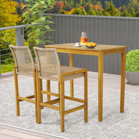 Set of 2 Rattan Patio Wood Barstools Dining Chairs with Backrest-Set of 2 - Color: Light Brown - Image 3