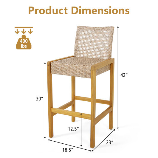 Set of 2 Rattan Patio Wood Barstools Dining Chairs with Backrest-Set of 2 - Color: Light Brown - Image 4