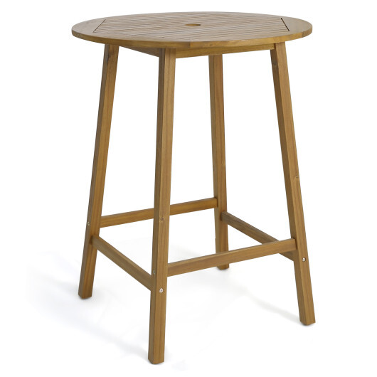 Bar Height Table with Umbrella Hole and Slatted Tabletop for Outdoors - Color: Natural
