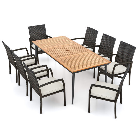 9-Piece Patio Dining Set with Umbrella Hole and 8 Rattan-woven Dining Chairs with Seat Cushions - Color: Natural