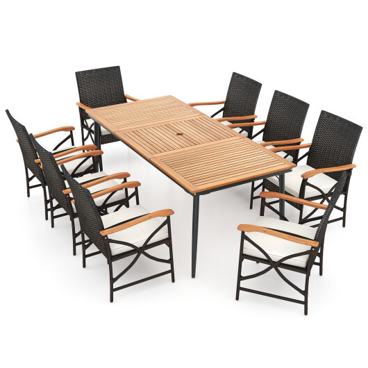 79 Inch Outdoor Acacia Wood Dining Table and 8 Rattan-woven Dining Chairs with Umbrella Hole - Color: Natural