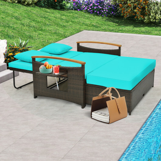 Outdoor Wicker Daybed with Folding Panels and Storage Ottoman-Green - Color: Green - Image 3