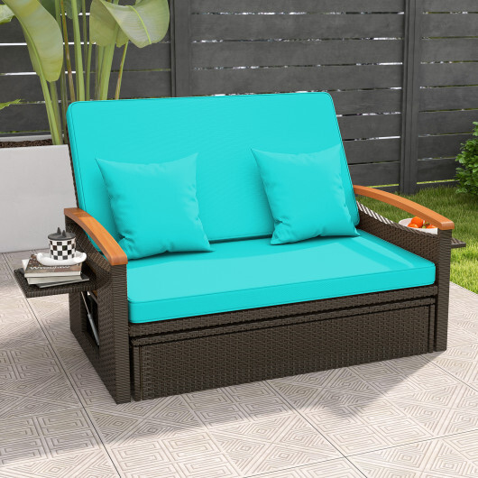 Outdoor Wicker Daybed with Folding Panels and Storage Ottoman-Green - Color: Green - Image 5