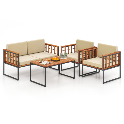 4 Pieces Acacia Wood Outdoor Sofa Set for Balcony Porch Backyard Poolside - Image 4