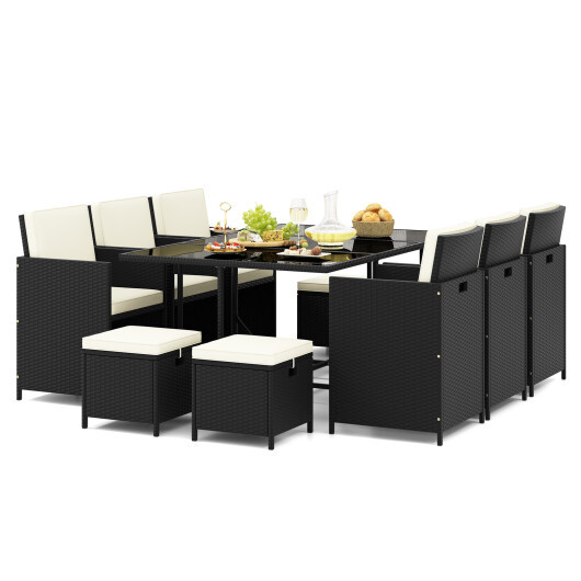 11 Piece Patio Dining Set Wicker Chairs and Tempered Glass Table with Waterproof Cushions-Black & White - Color: Black & White