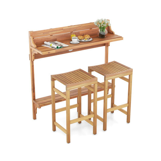3 Pieces Patio Acacia Wood Bar Table Set with Footrest Curved Wood Seat - Color: Natural