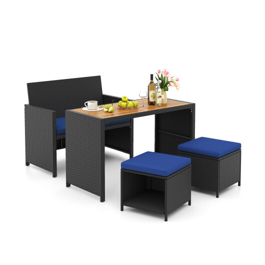 4 Piece Outdoor Dining Set with Wood Topped Dining Table  Rattan Loveseat Chair and 2 Ottomans-Navy - Color: Navy