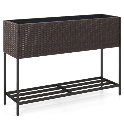Wicker Raised Garden Bed with Storage Shelf and Drainage Gaps for Flowers - Color: Brown
