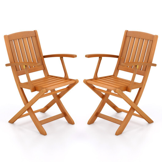 Patio Wood Folding Chair Set of 2 with Armrests and Slatted Seat - Color: Natural