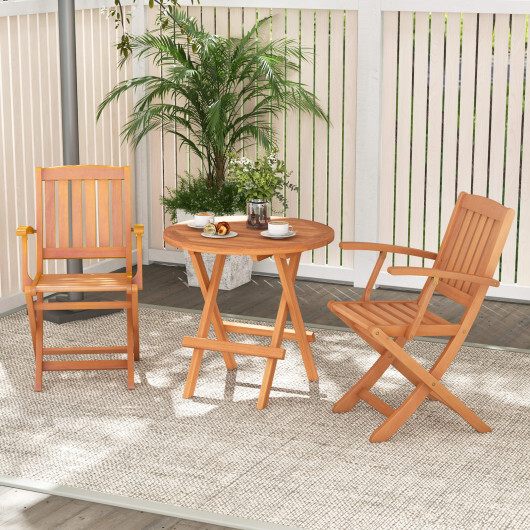 Patio Wood Folding Chair Set of 2 with Armrests and Slatted Seat - Color: Natural - Image 3