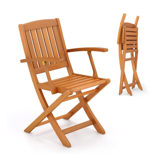 Patio Wood Folding Chair Set of 2 with Armrests and Slatted Seat - Color: Natural - Image 4