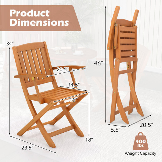 Patio Wood Folding Chair Set of 2 with Armrests and Slatted Seat - Color: Natural - Image 5