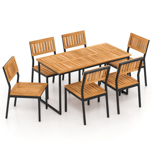 Patio Dining Chair Set of 2 with Metal and Acacia Wood Frame - Color: Natural - Image 4