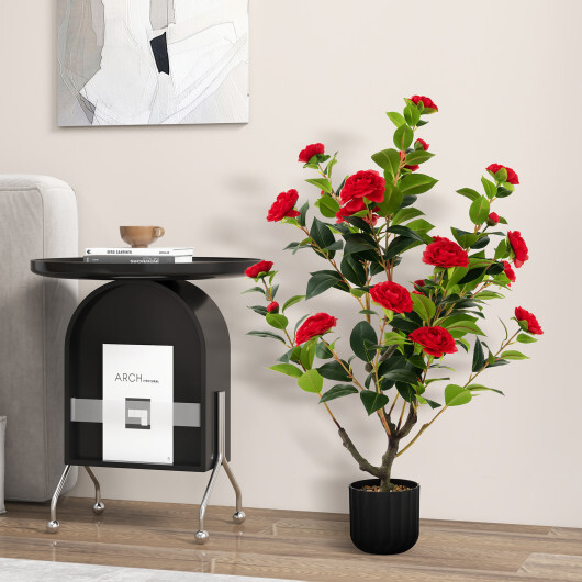 38 Inch Artificial Camellia Tree Faux Flower Plant in Cement Pot 2 Pack-Red - Color: Red - Image 2