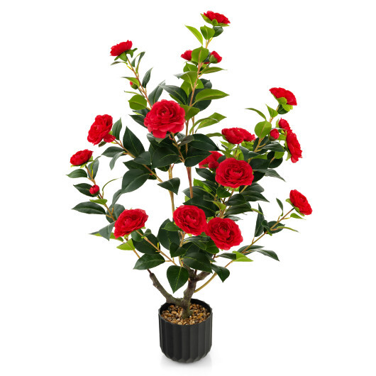 38 Inch Artificial Camellia Tree Faux Flower Plant in Cement Pot 2 Pack-Red - Color: Red - Image 4