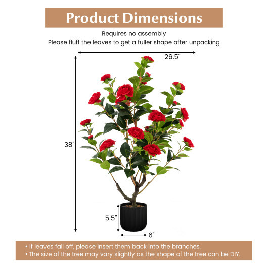 38 Inch Artificial Camellia Tree Faux Flower Plant in Cement Pot 2 Pack-Red - Color: Red - Image 5