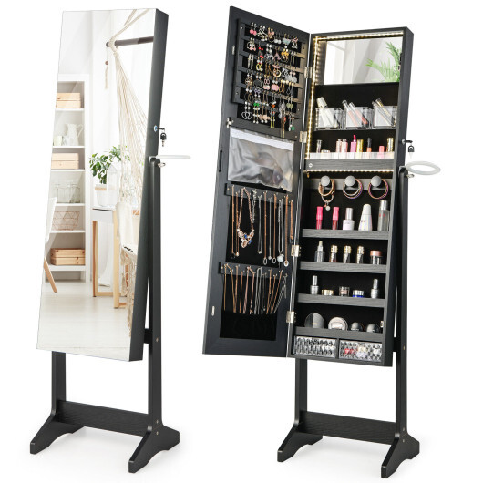 Freestanding Jewelry Cabinet with Full Length HD Mirror-Black - Color: Black - Image 4
