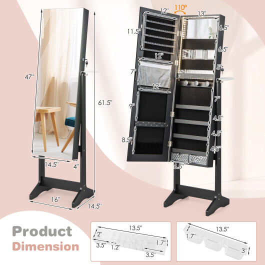 Freestanding Jewelry Cabinet with Full Length HD Mirror-Black - Color: Black - Image 5