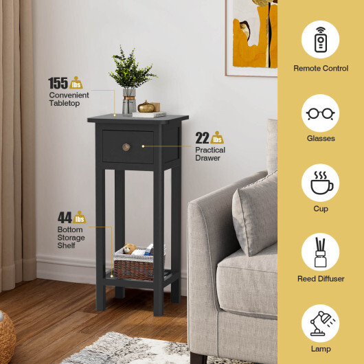 2 Tier Slim Nightstand Bedside Table with Drawer Shelf-Black - Color: Black - Image 5