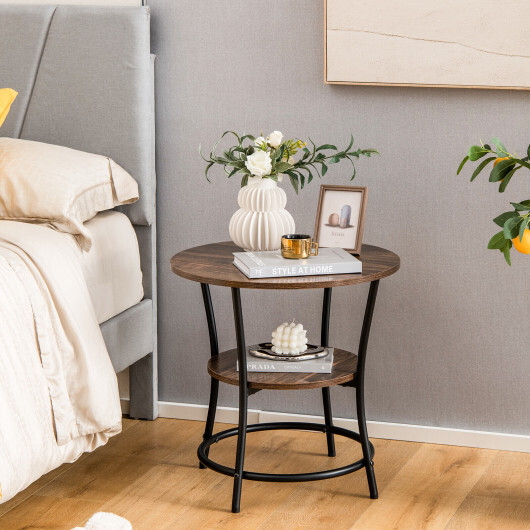 2-Tier Round End Table with Open Storage Shelf and Sturdy Metal Frame-Brown - Color: Brown - Image 3