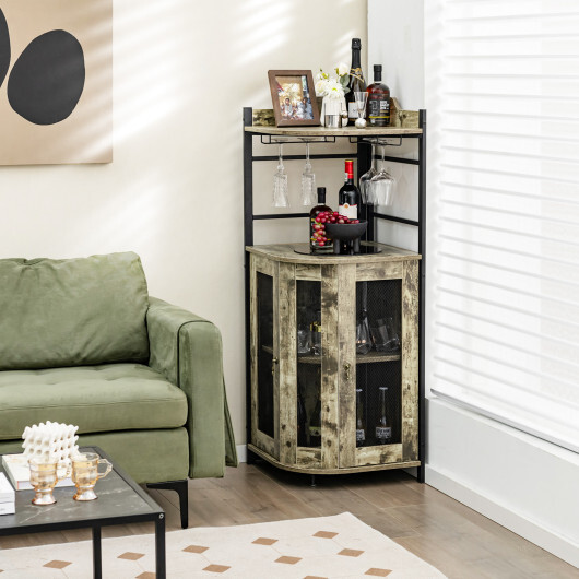 Industrial Corner Bar Cabinet with Glass Holder and Adjustable Shelf-Taupe - Color: Taupe - Image 3