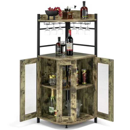 Industrial Corner Bar Cabinet with Glass Holder and Adjustable Shelf-Taupe - Color: Taupe - Image 4