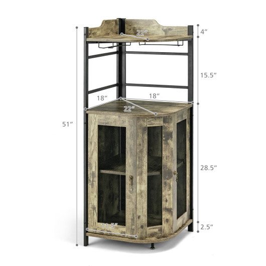 Industrial Corner Bar Cabinet with Glass Holder and Adjustable Shelf-Taupe - Color: Taupe - Image 5