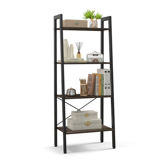 4-Tier Bookshelf with Metal Frame and Adjustable Foot Pads-Oak - Color: Oak - Image 4
