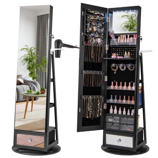 Lockable 360?&deg; Swivel Jewelry Cabinet with Full-Length Mirror LED Lights-Black - Color: Black