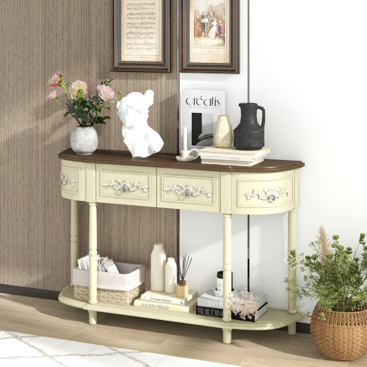 Retro Curved Console Table with Drawers and Solid Wood Legs-Beige - Color: Beige - Image 3