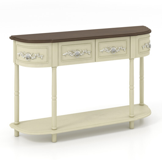 Retro Curved Console Table with Drawers and Solid Wood Legs-Beige - Color: Beige - Image 4