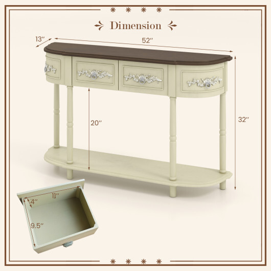 Retro Curved Console Table with Drawers and Solid Wood Legs-Beige - Color: Beige - Image 5