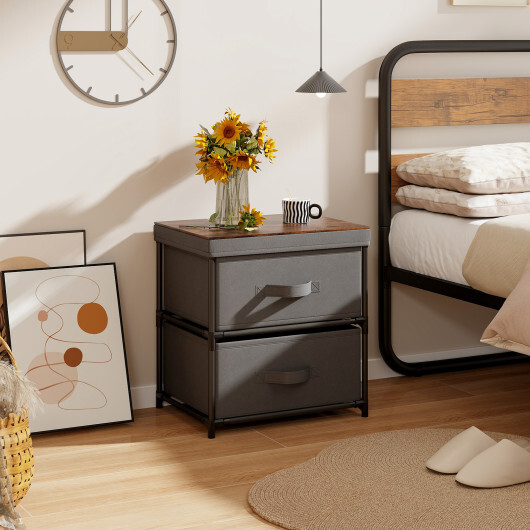 2-Drawer Nightstand with Removable Fabric Bins and Pull Handles-Gray - Color: Gray - Image 3