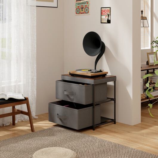 2-Drawer Nightstand with Removable Fabric Bins and Pull Handles-Gray - Color: Gray - Image 5