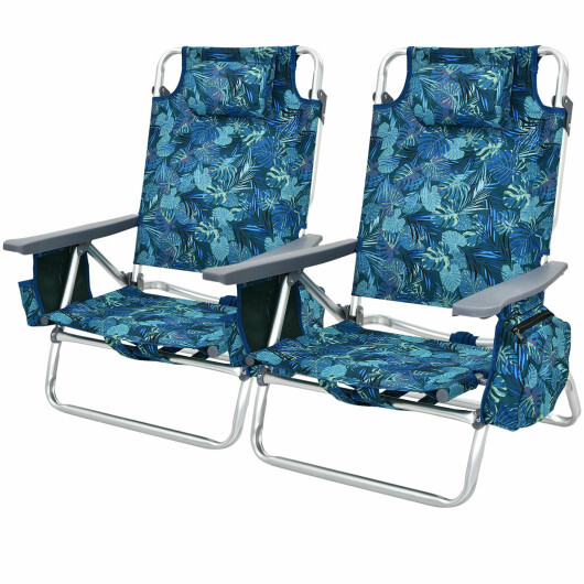 2-Pack Folding Backpack Beach Chair 5-Position Outdoor Reclining Chairs with Pillow-Navy - Color: Navy
