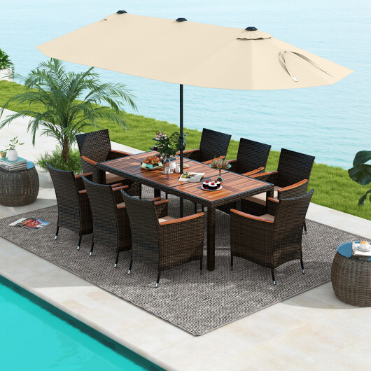 10 Piece Outdoor Dining Set with 15 Feet Double-Sided Twin Patio Umbrella-Beige - Color: Beige - Image 3