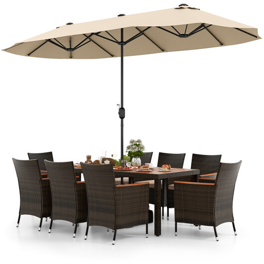 10 Piece Outdoor Dining Set with 15 Feet Double-Sided Twin Patio Umbrella-Beige - Color: Beige - Image 4