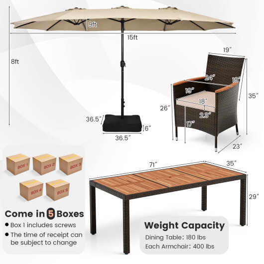 10 Piece Outdoor Dining Set with 15 Feet Double-Sided Twin Patio Umbrella-Beige - Color: Beige - Image 5
