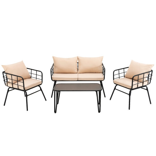 4 Pieces Patio Furniture Set with Seat Back Cushions for Garden-Beige - Color: Beige