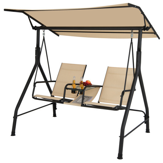 2-Seat Outdoor Cushioned Porch Swing with Adjustable Canopy and Tempered Glass Table-Beige - Color: Beige