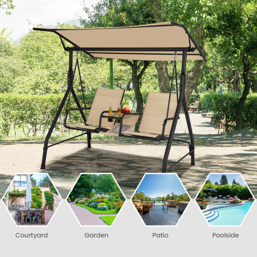 2-Seat Outdoor Cushioned Porch Swing with Adjustable Canopy and Tempered Glass Table-Beige - Color: Beige - Image 3