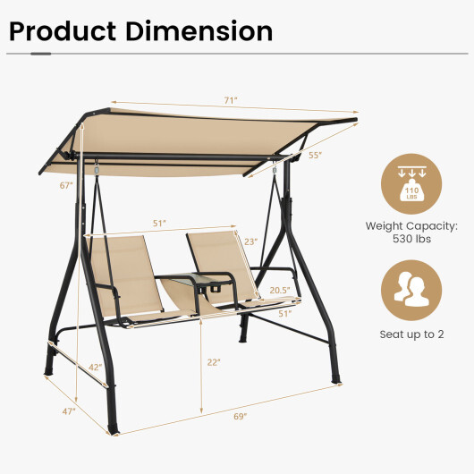 2-Seat Outdoor Cushioned Porch Swing with Adjustable Canopy and Tempered Glass Table-Beige - Color: Beige - Image 4